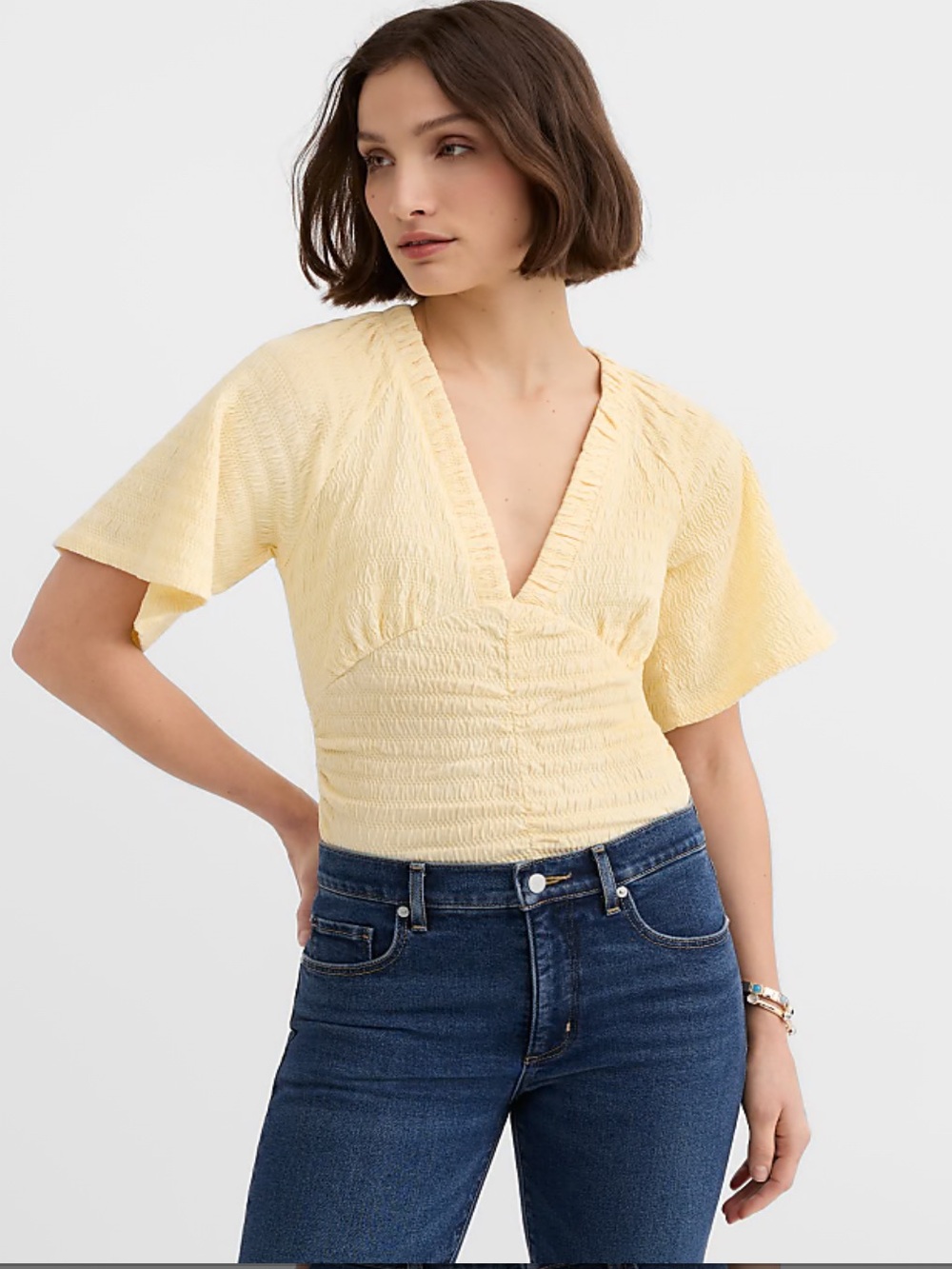 LOFT Yellow Smocked Flutter V-Neck Top - NWT - size L!